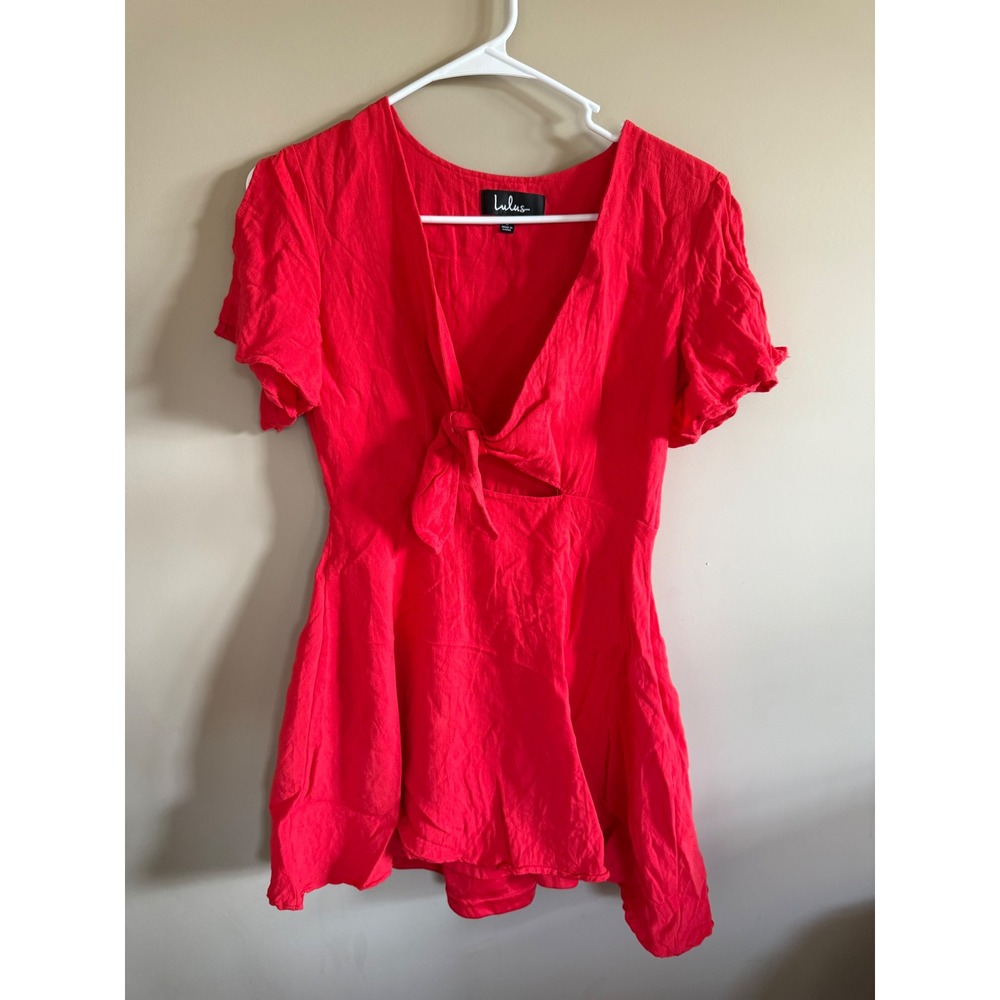 Lulus Red Mini Dress Tie Front Short Sleeve Casual Party Cocktail Women's